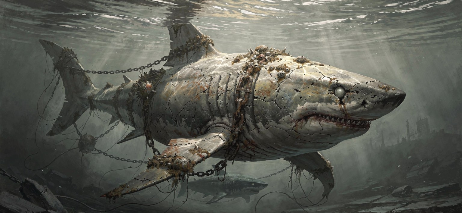 A large pale shark swimming just under the surface of grey-green harbour water, its hide bleached bone-white and cracked like old tomb plaster, barnacle chains trailing from its fins, one clouded milky eye, the shadow of a second shark crossing beneath it, seen half through and half above the waterline
